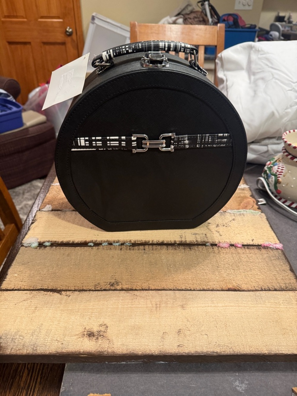 Round Black Cosmetic Case with Contrast Strap and Silver Hardware